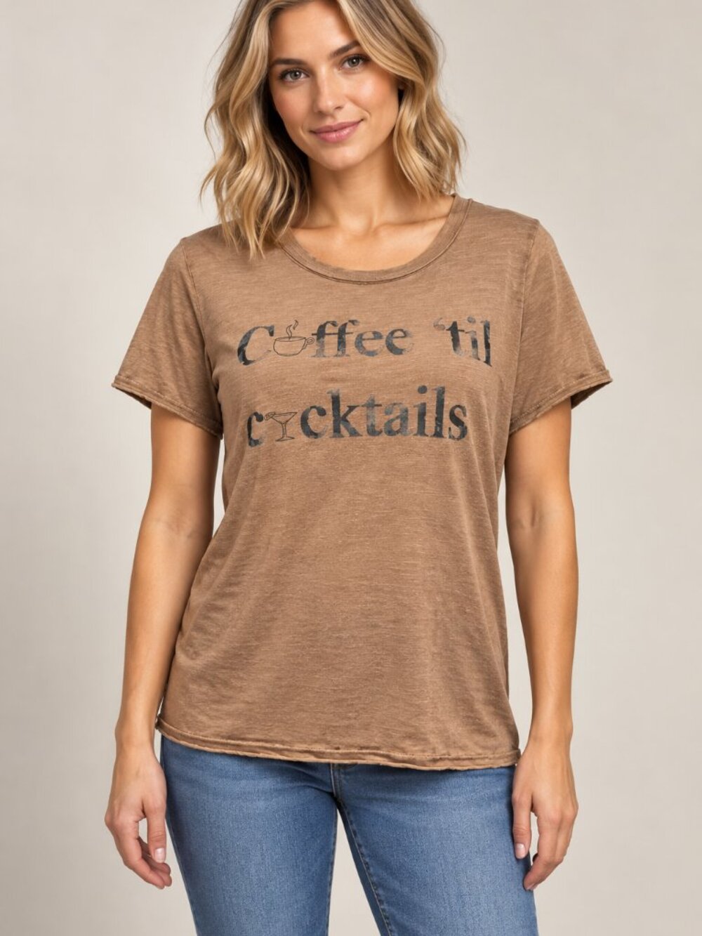 Listicle Coffee Til Cocktails Graphic Tee Small Brown Raw Hem Slub Knit Casual